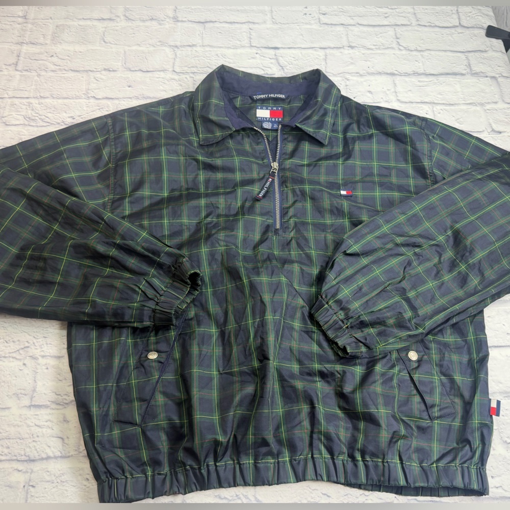 Tommy Hilfiger Navy & Green Plaid Quarter-Zip Windbreaker. Preppy. Outdoors. XL.